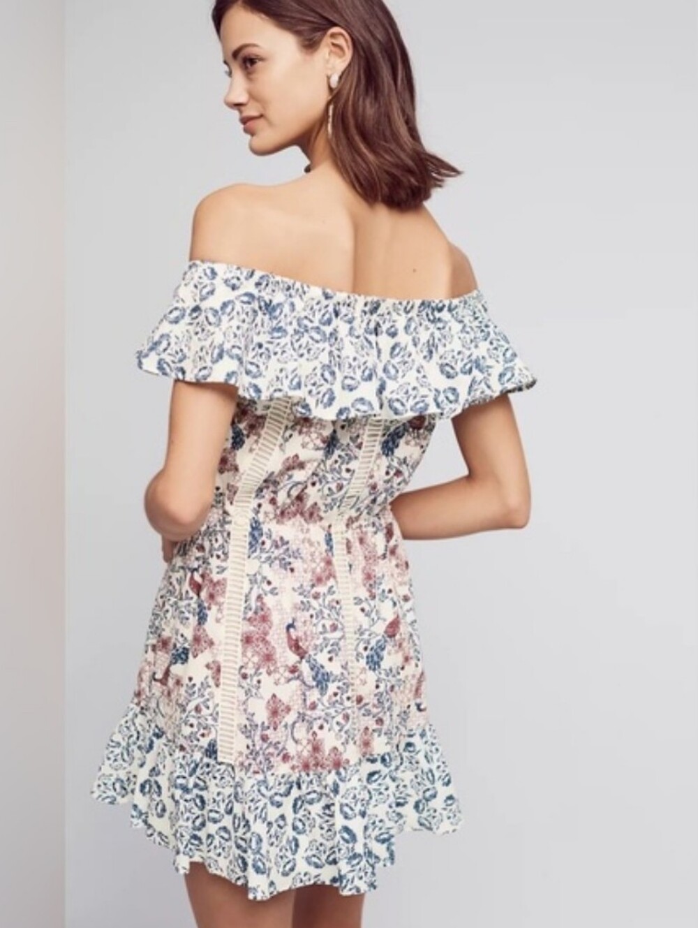 Off-Shoulder Floral Print Mini Dress in Cream and Blue